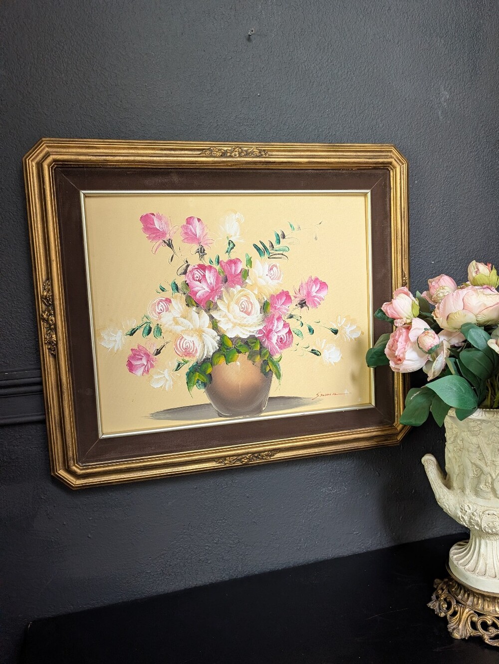 Vintage Pink Ivory Floral Oil Painting, Signed, Ornate Gold Frame Velvet Mart, 1